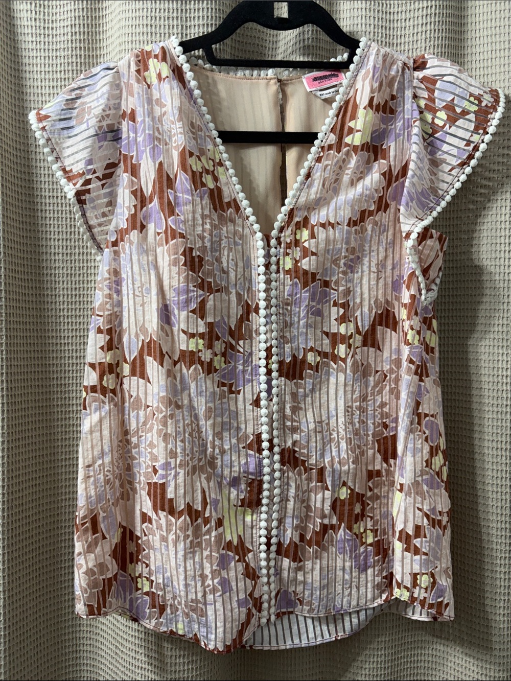 kate spade Brown Floral Pleated V-Neck Top with Pom-Pom Trim